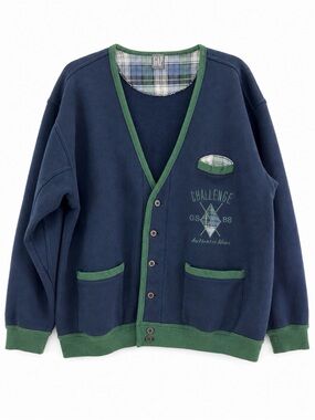 VTG 80s 90s Gap UNISEX Oversized Fleece Cardigan Navy Green Golf Preppy Grandpa